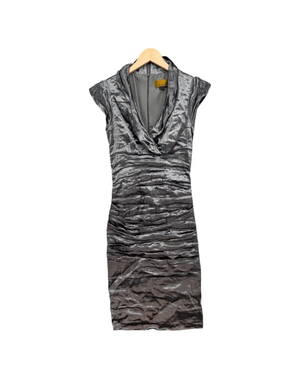 Nicole Miller Techno Metallic Dress Gunmetal Silver Ruched Cocktail Sheath Sz 8
